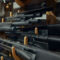 Gun machine and rifle assortment on rack at weapon store. Armed equipment distribution and merchandise